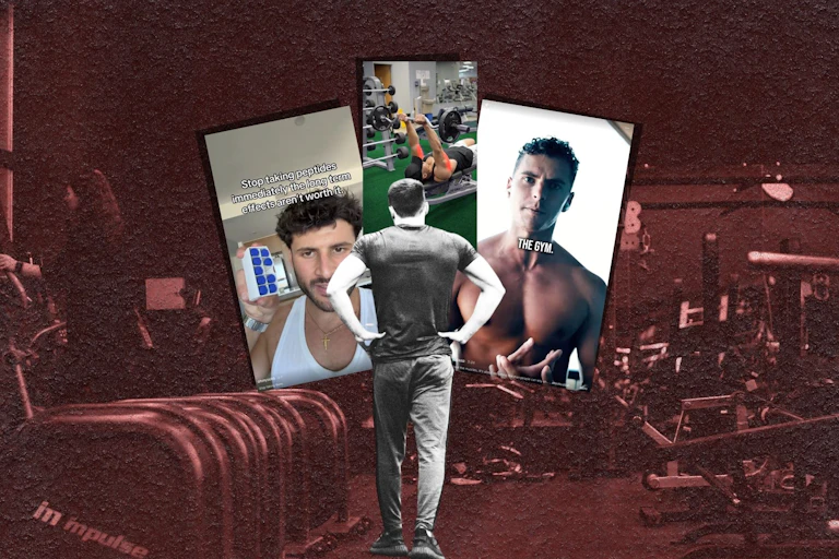 A man walking into a gym with manosphere tiktok content playing in the background