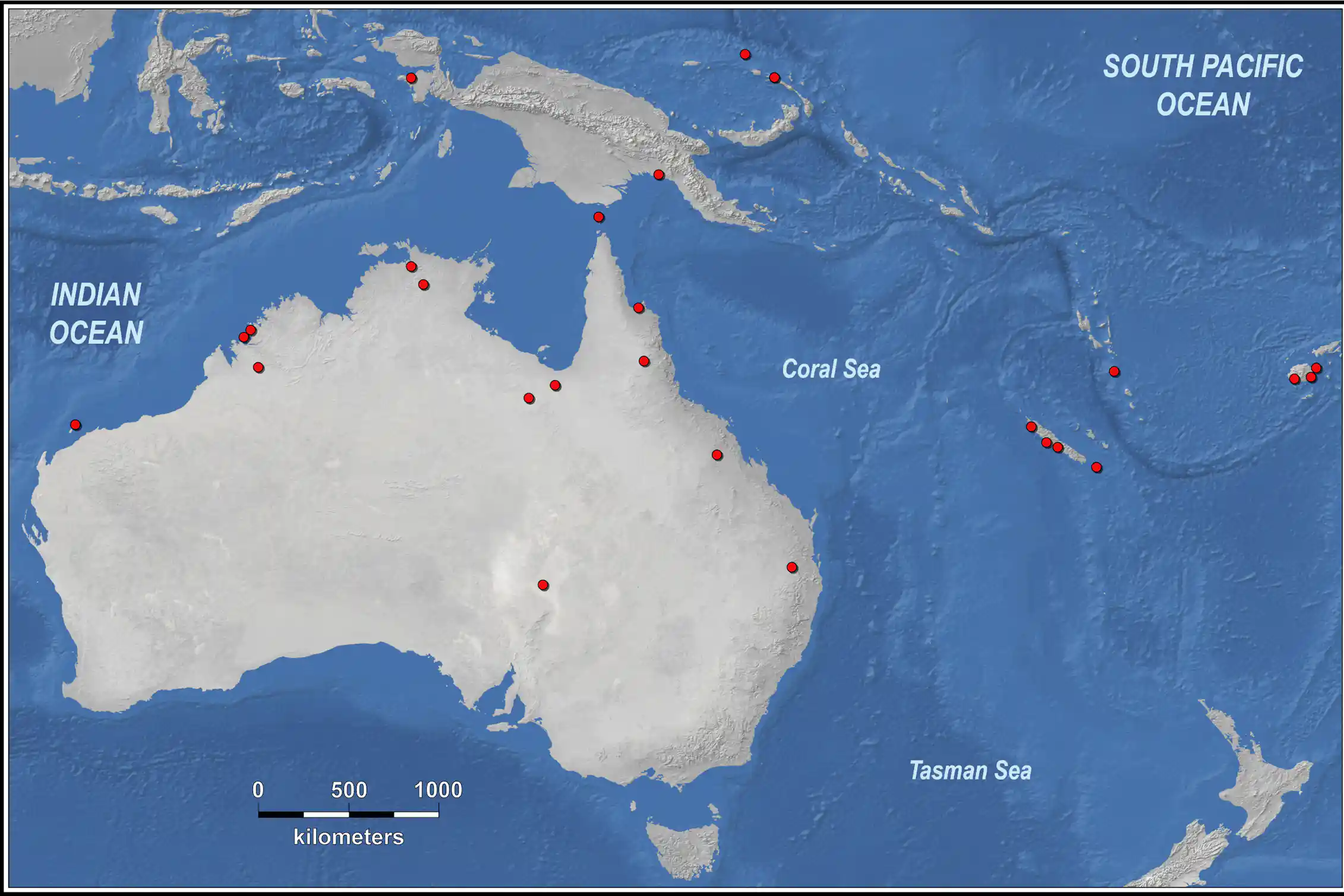 Map of Australasia with red dots.
