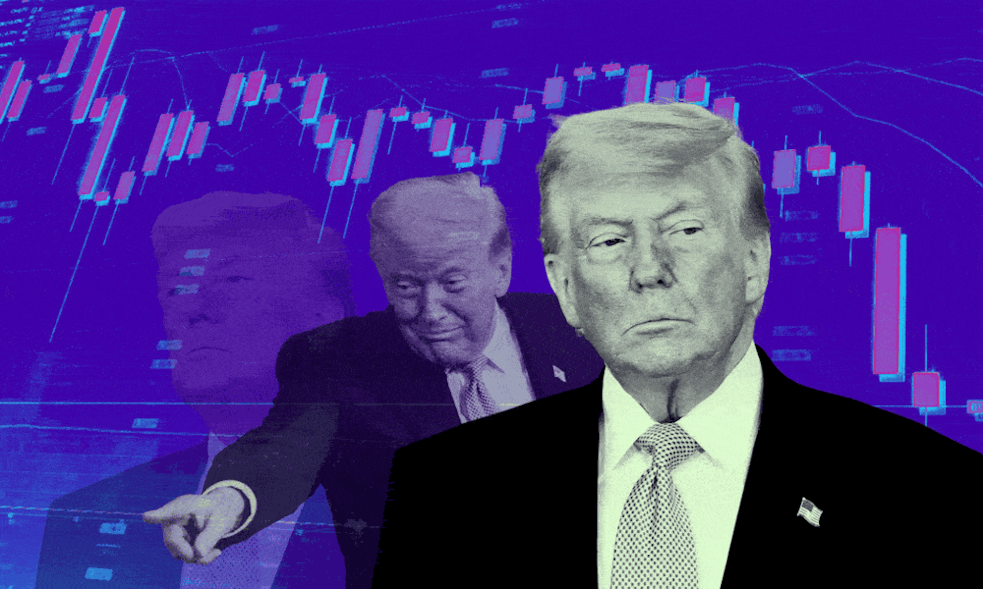 Trump's face in front of a stock market ticker chart