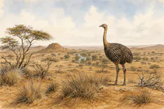 A drawing of a large ostrich, taller than the ostriches of today.