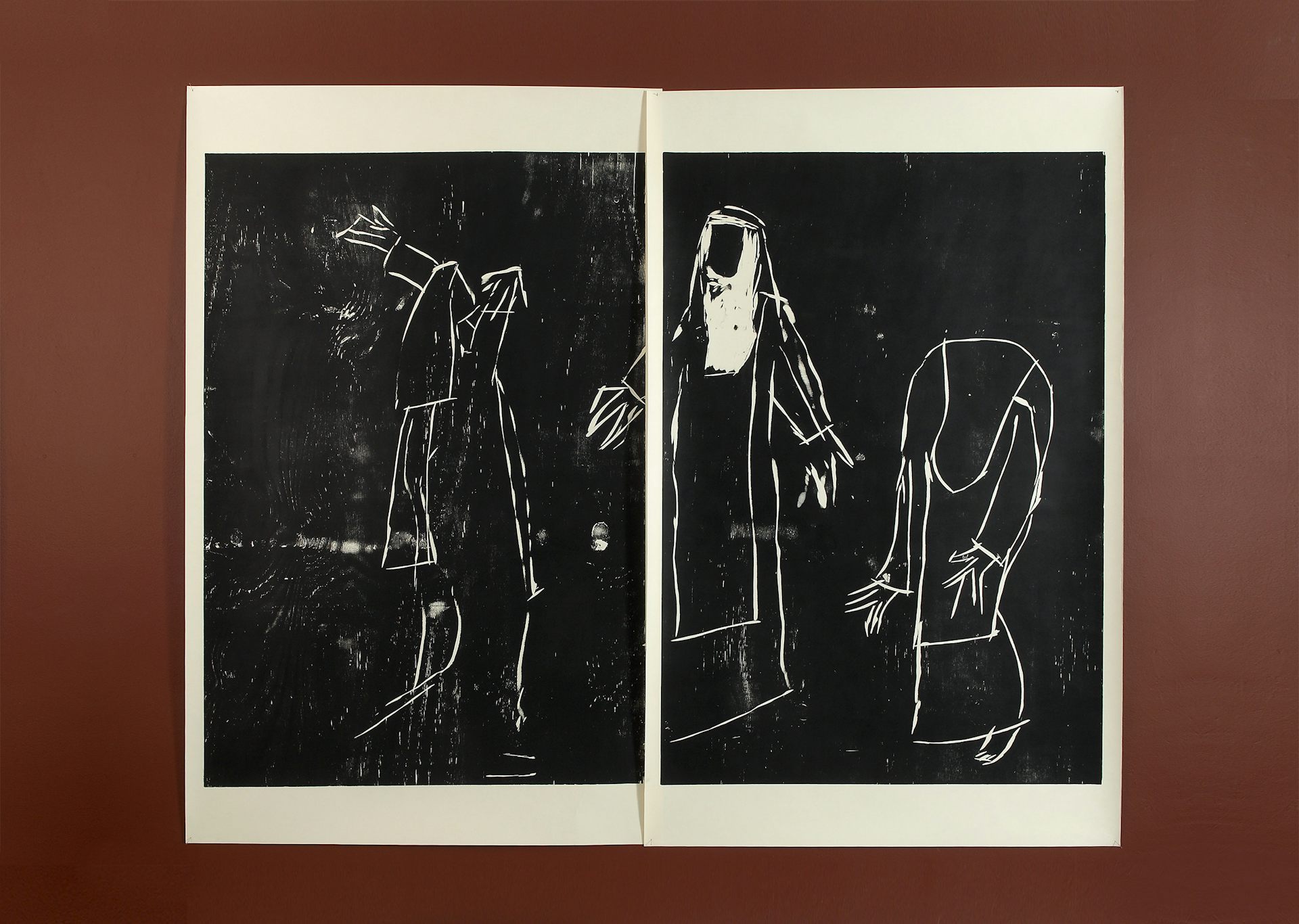 Black and white drawing of nuns dancing