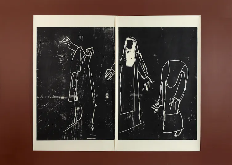 Black and white drawing of nuns dancing