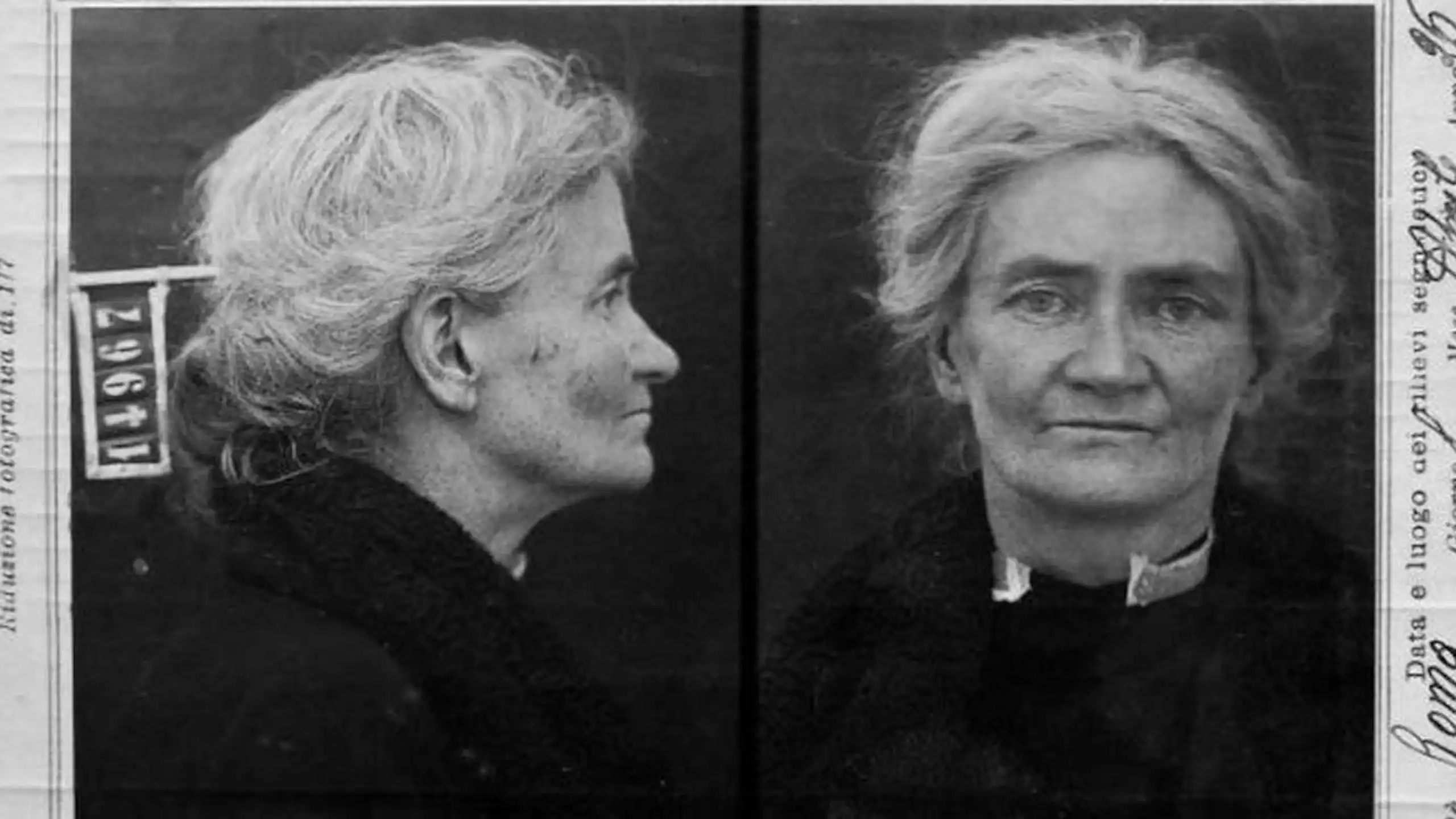 A police photograph of Violet Gibson taken after her arrest for the attempted assassination of Benito Mussolini in 1926.