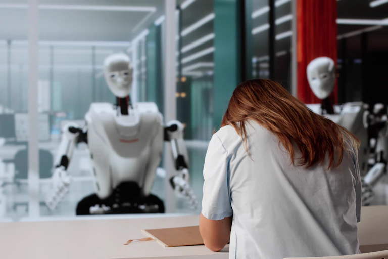 Face à face, à un bureau, une jeune femme vue de dos, découragée, et des robots humanoïdes.