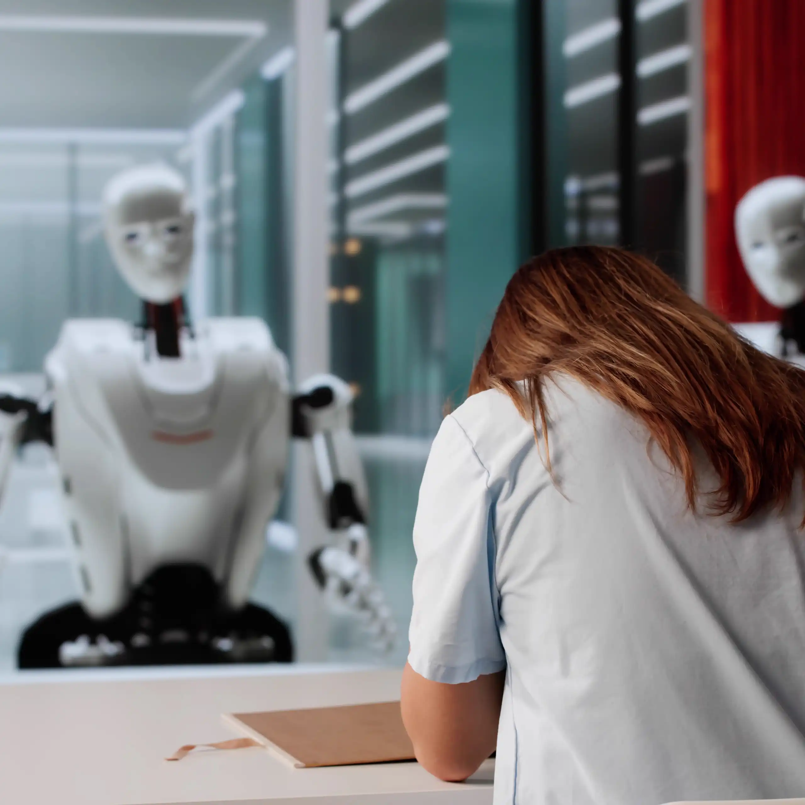 Face à face, à un bureau, une jeune femme vue de dos, découragée, et des robots humanoïdes.