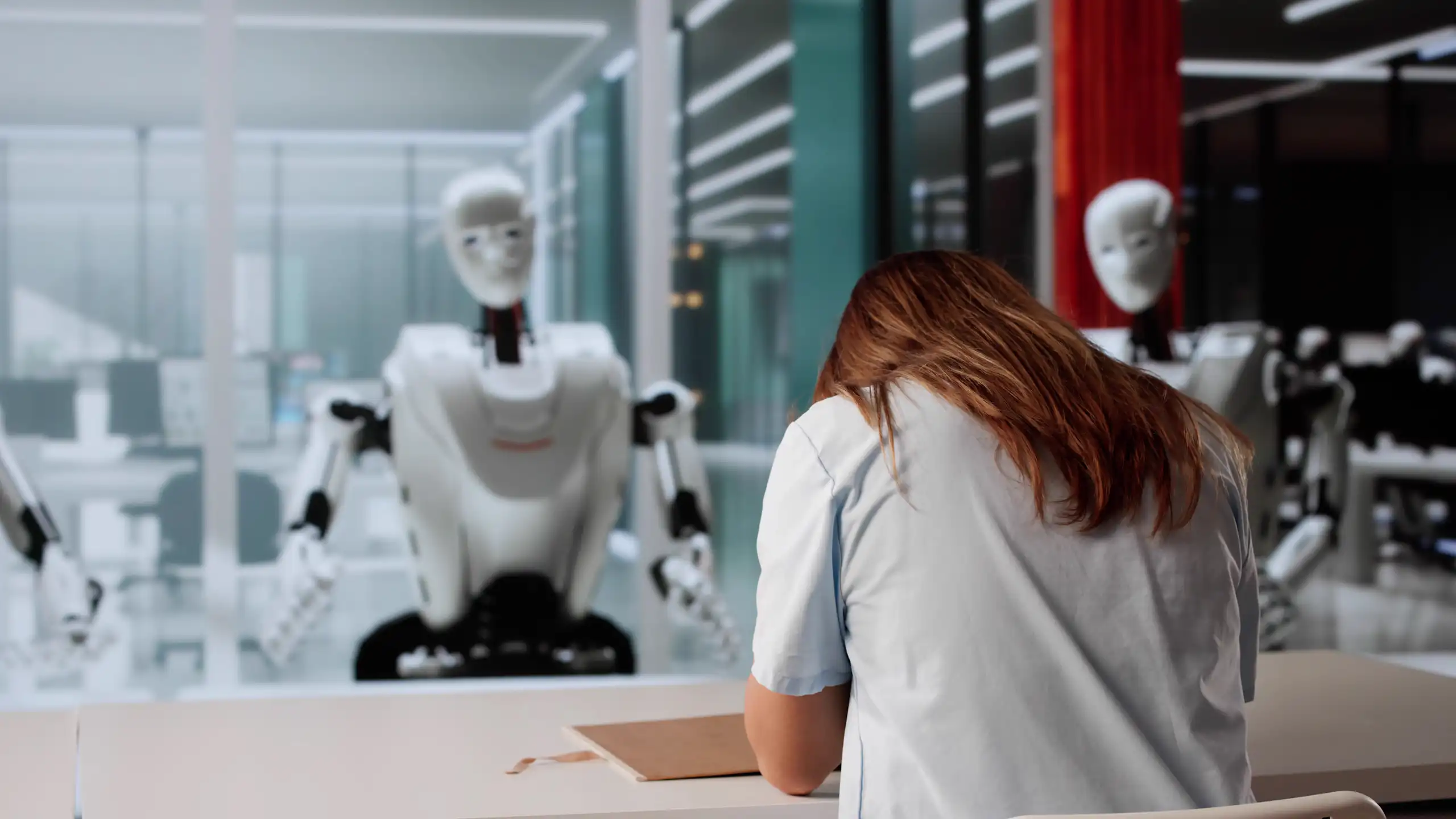 Face à face, à un bureau, une jeune femme vue de dos, découragée, et des robots humanoïdes.