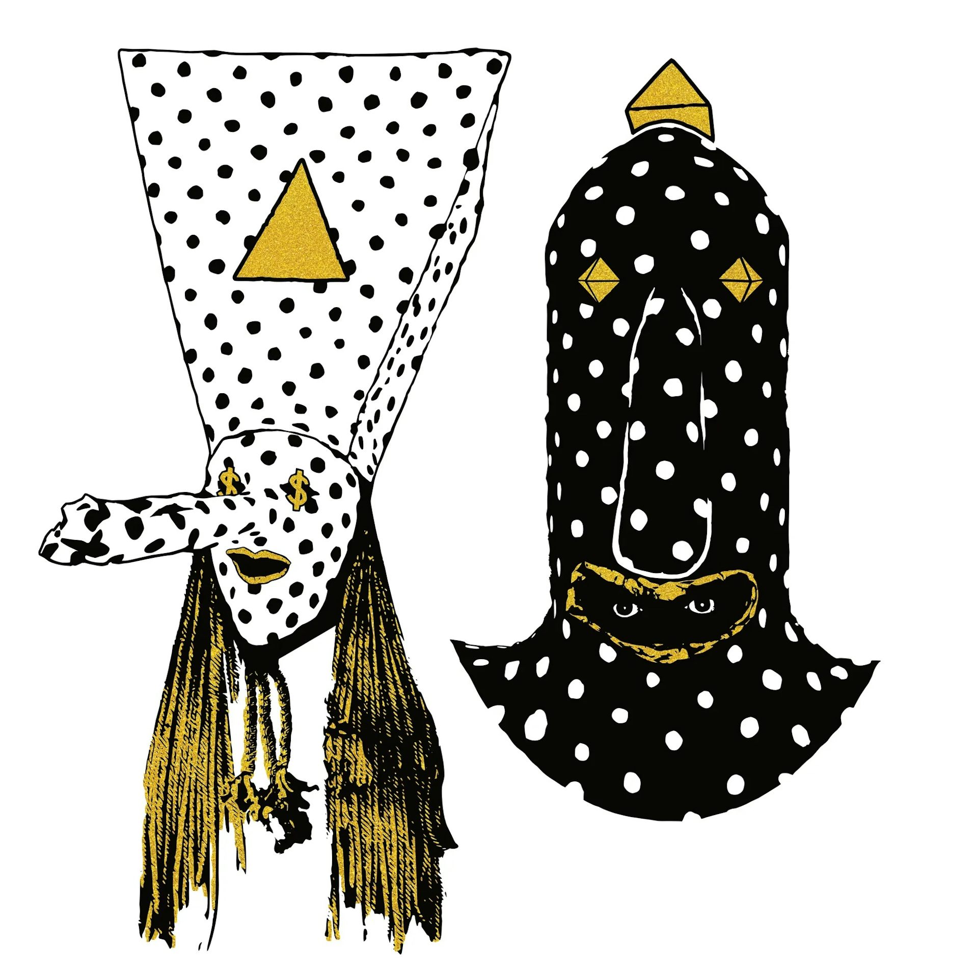 A drawing of a person with a white mask with black dots and another with a black mask and white dots.