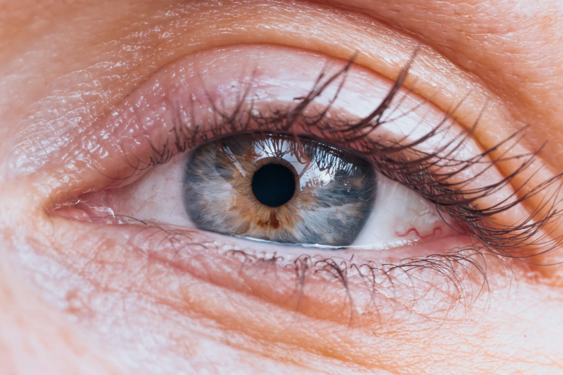 Close-up of a human eye showing detailed iris, pupil and eyelashes.