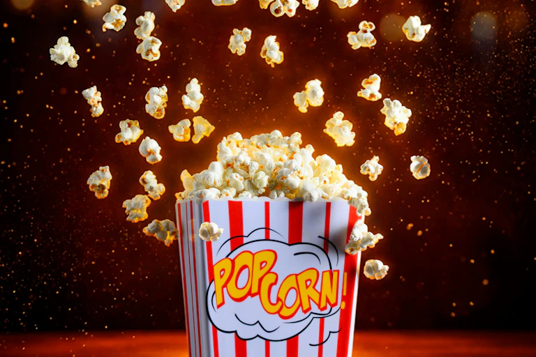 Popcorn exploding from a striped box