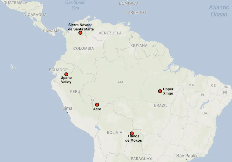 Map of South America showing settlements traced by lidar