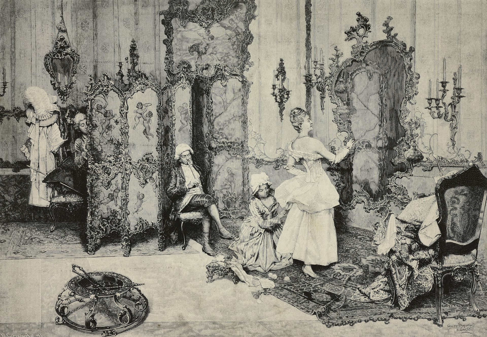 Elegant 19th-century woman getting ready, helped by a servant.