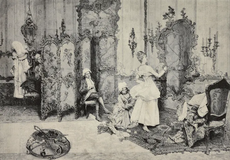 Elegant 19th-century woman getting ready, helped by a servant.