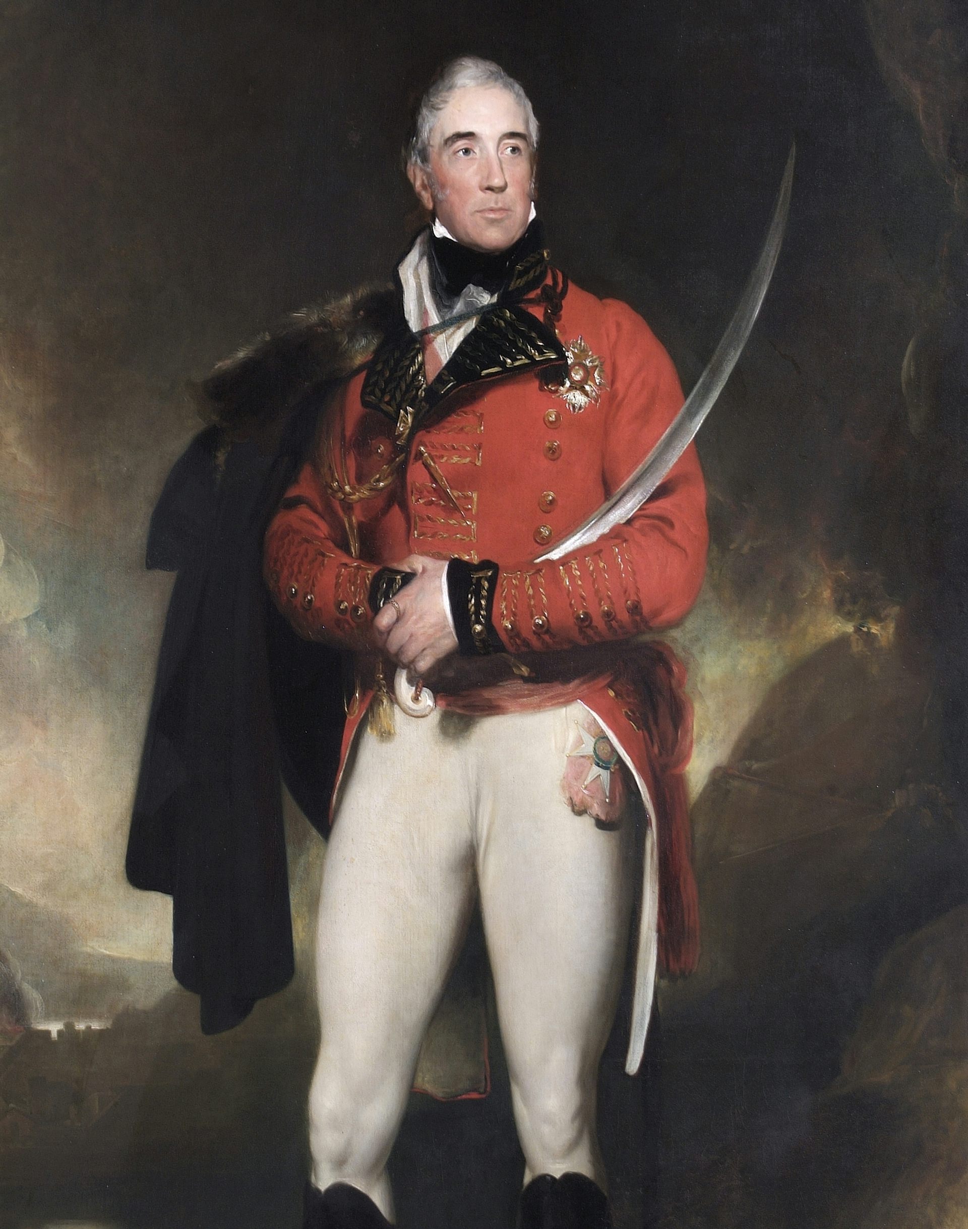 Painted portrait of a 19th-century British soldier wearing a red jacket and holding a curved sword in his right hand