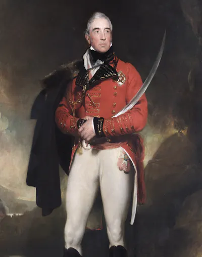 Painted portrait of a 19th-century British soldier wearing a red jacket and holding a curved sword in his right hand