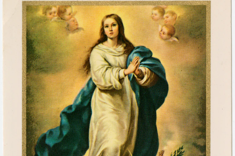 A painting of a young woman in billowing robes standing atop a cloud held up by cherubs.