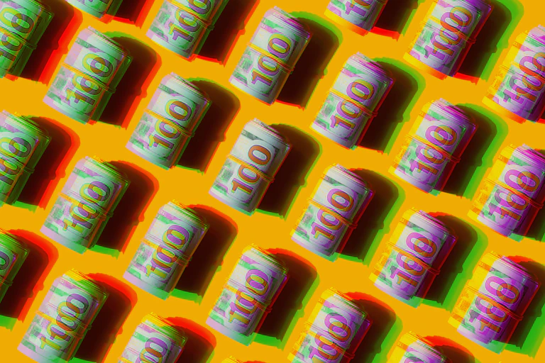 Lots of rolls of $100 banknotes, set against a bright yellow background.