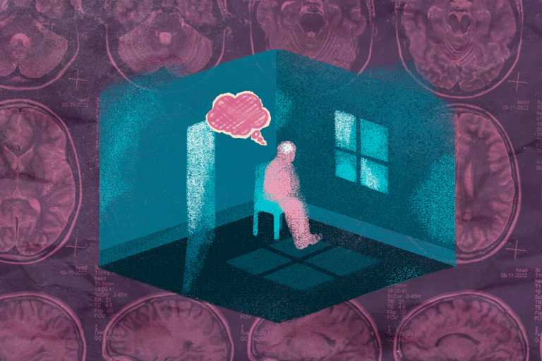 Sketched figure with thought bubble against a background of brain scans.