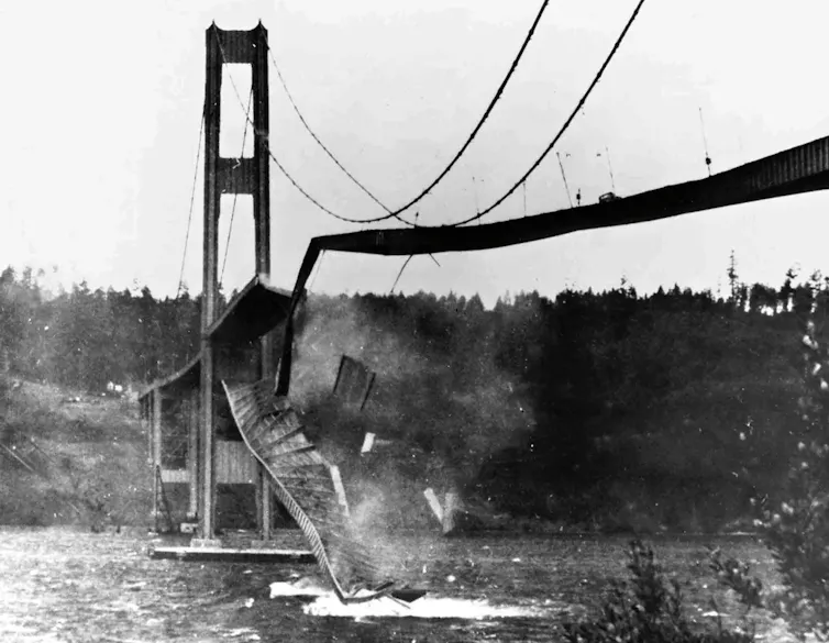 A collapsed suspension bridge.