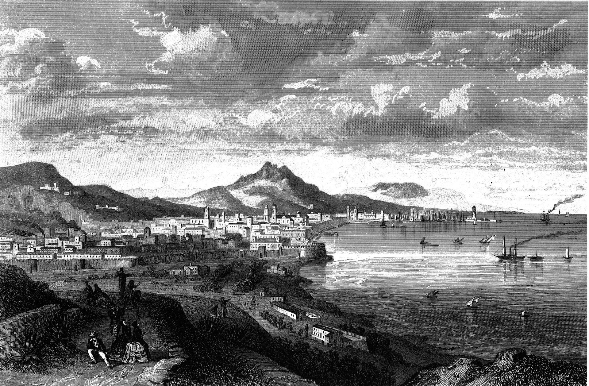 Panoràmica de Barcelona del segle XIX dibuixada per Adolphe Rouargue i Émile Rouargue. Gravat d'Eduard Willmann.
