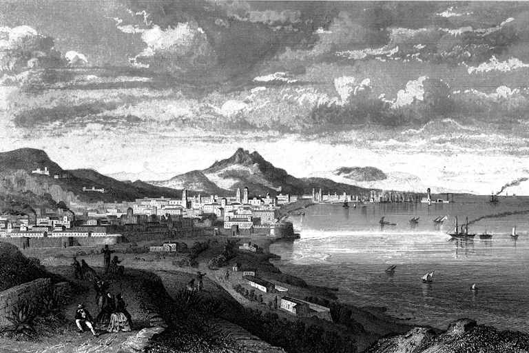 Panoràmica de Barcelona del segle XIX dibuixada per Adolphe Rouargue i Émile Rouargue. Gravat d'Eduard Willmann.