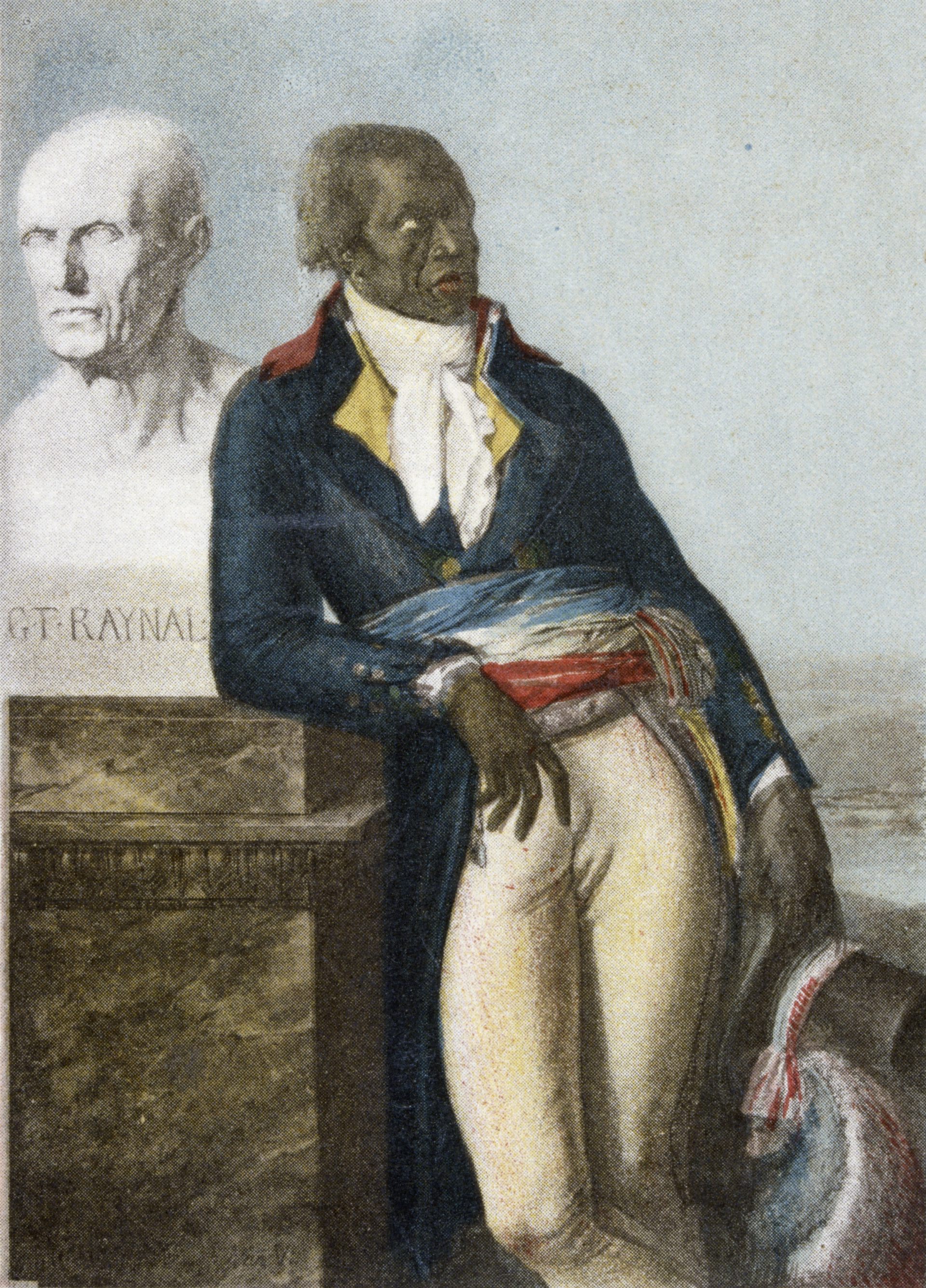 A painted portrait of a man leaning against a statue.
