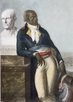 A painted portrait of a man leaning against a statue.