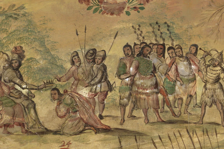Detalle de la tabla 13 de la serie de pinturas sobre la conquista española de México, obra de los artistas novohispanos Juan González y Miguel González, pintada en 1698. El detalle representa la coronación de Ixtlilxochitl II como tlatoani de Texcoco en 1520, tras la detención del anterior tlatoani, Cacamatzin.