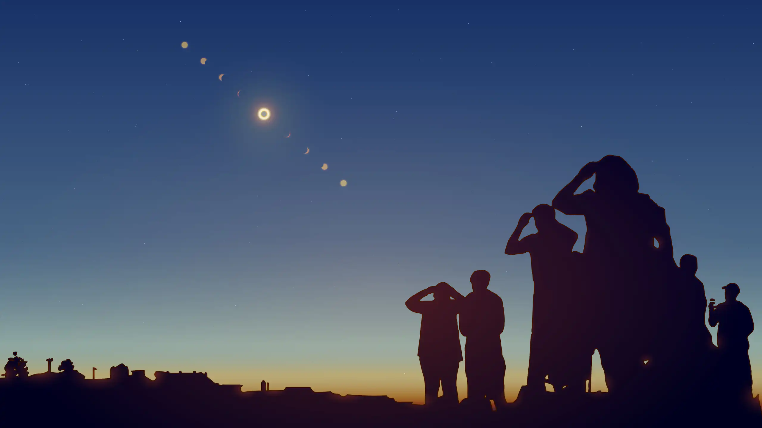 Siluetas de personas mirando un eclipse