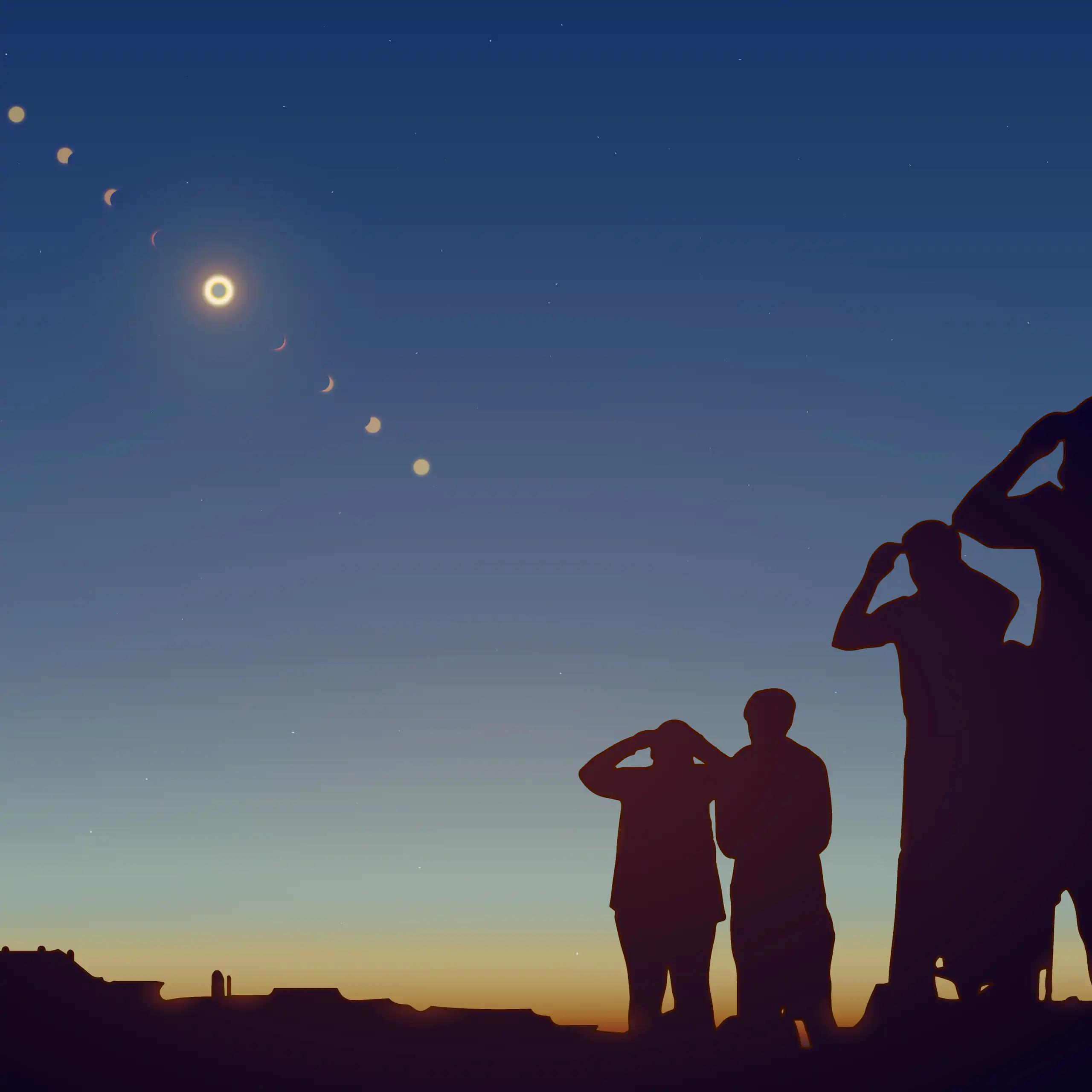 Siluetas de personas mirando un eclipse