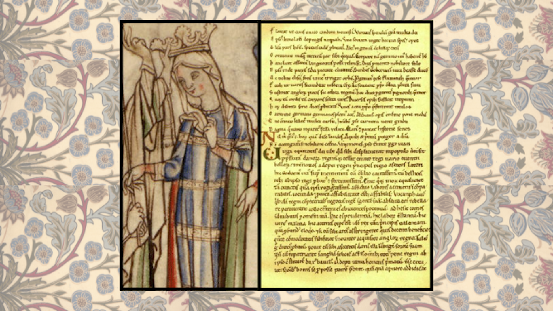 Edith of Wessex with an excerpt of the books she commissioned on her husband's life, The Life of King Edward.