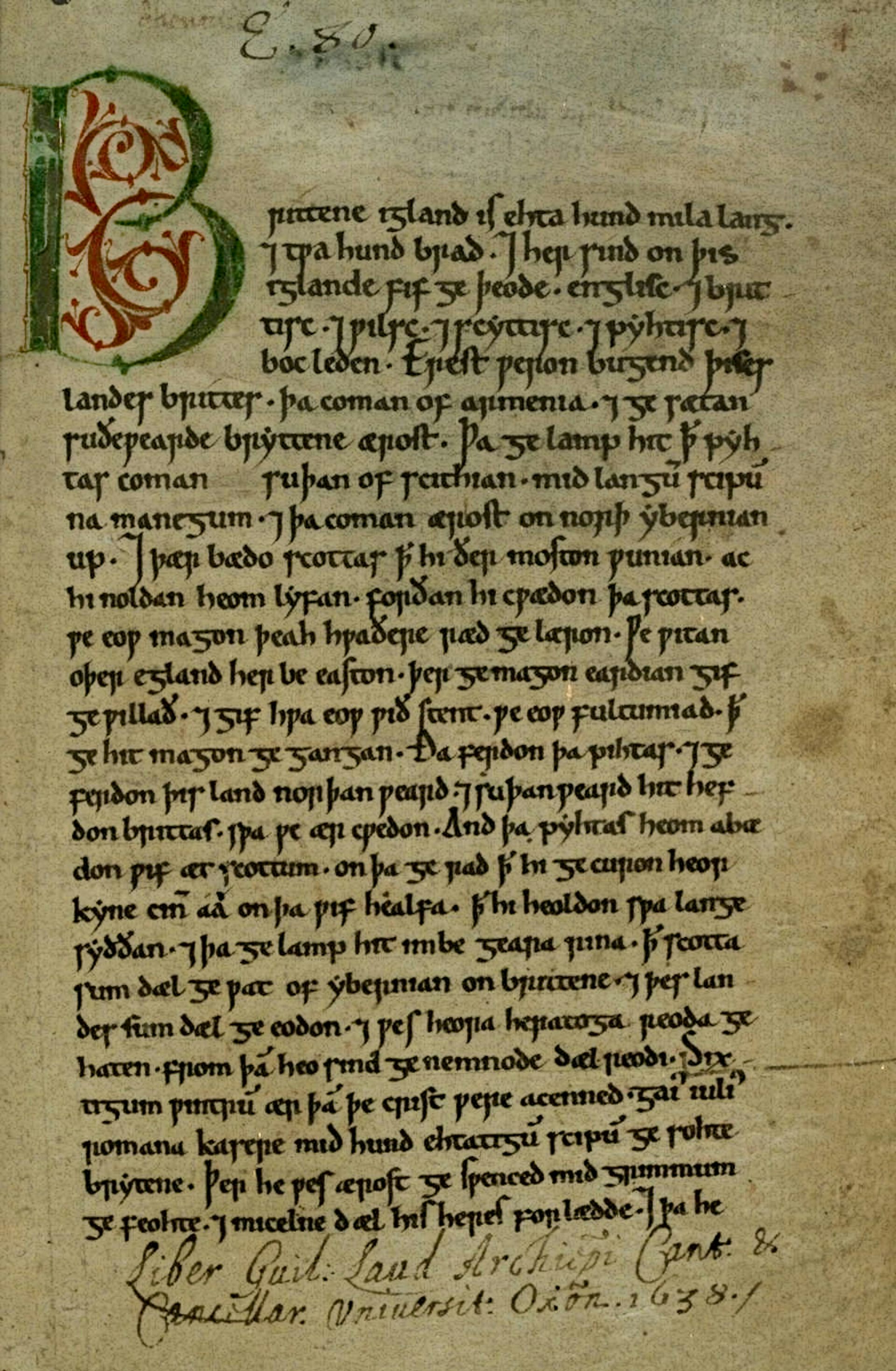 The first page of the Anglo-Saxon Chronicle.