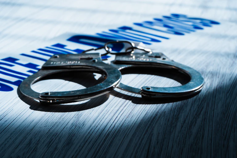 stock image of handcuffs on a table