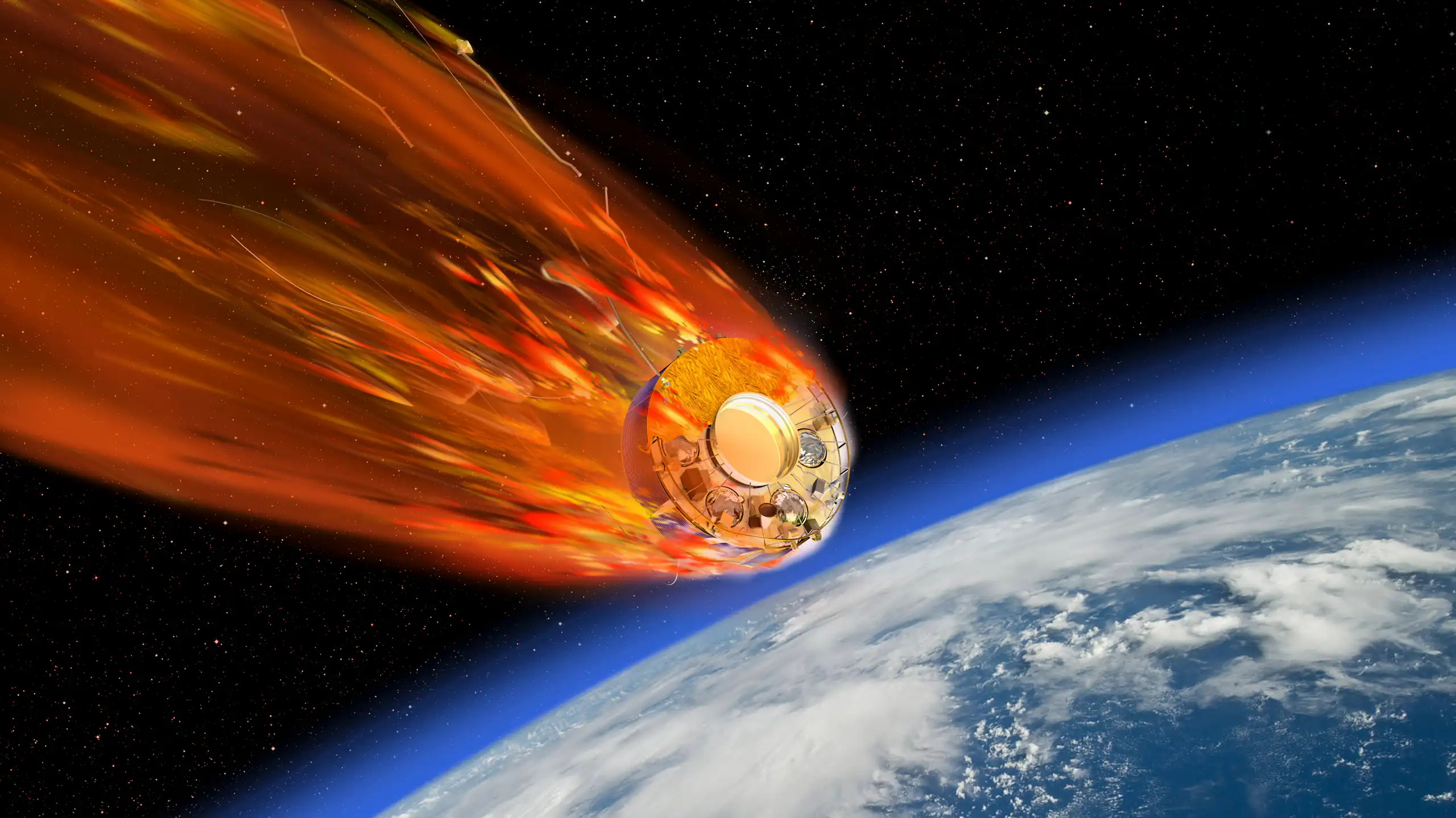 Une boule de feu dans l’espace se dirigeant vers la Terre.