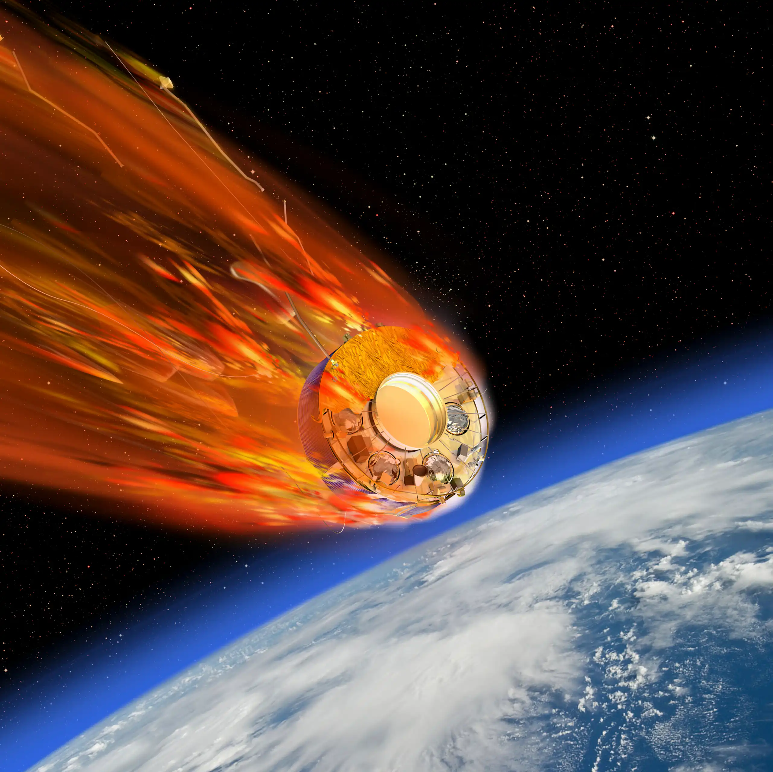 Une boule de feu dans l’espace se dirigeant vers la Terre.