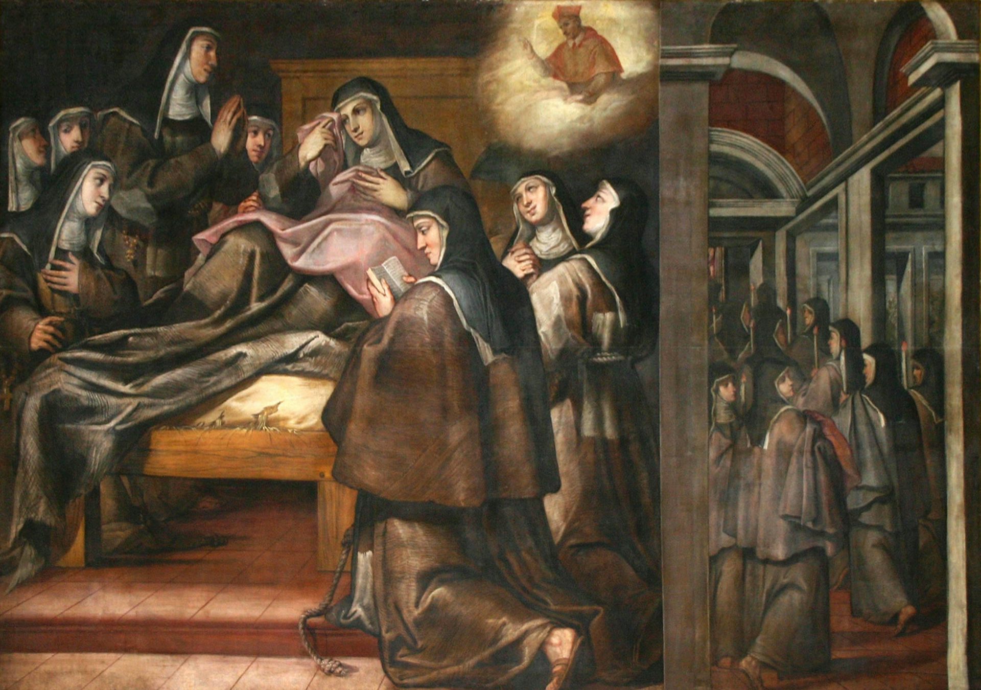 Painting of a group of nuns gathered round a sickbed