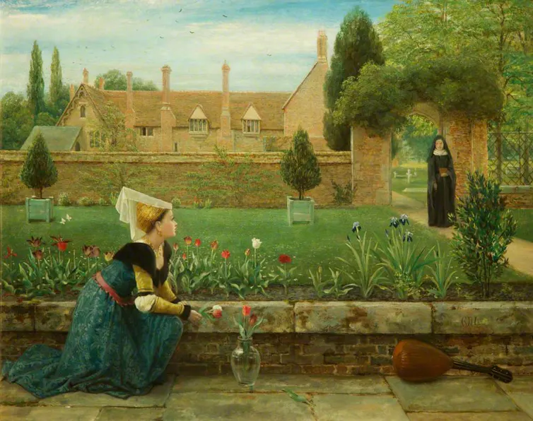 Painting of a woman gathering tulips in a garden with a nun in the distance.