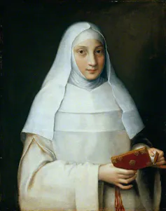 Painting of a woman in all-white clothing of a nun, holding a Bible