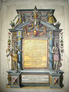 Más allá de Disney: retrato de Pocahontas de 1616 muestra cómo los colonizadores ingleses veían a los nativos americanos 2 La ornamentada portada parece un monumento de piedra, rodeada de figuras vestidas de colores.
