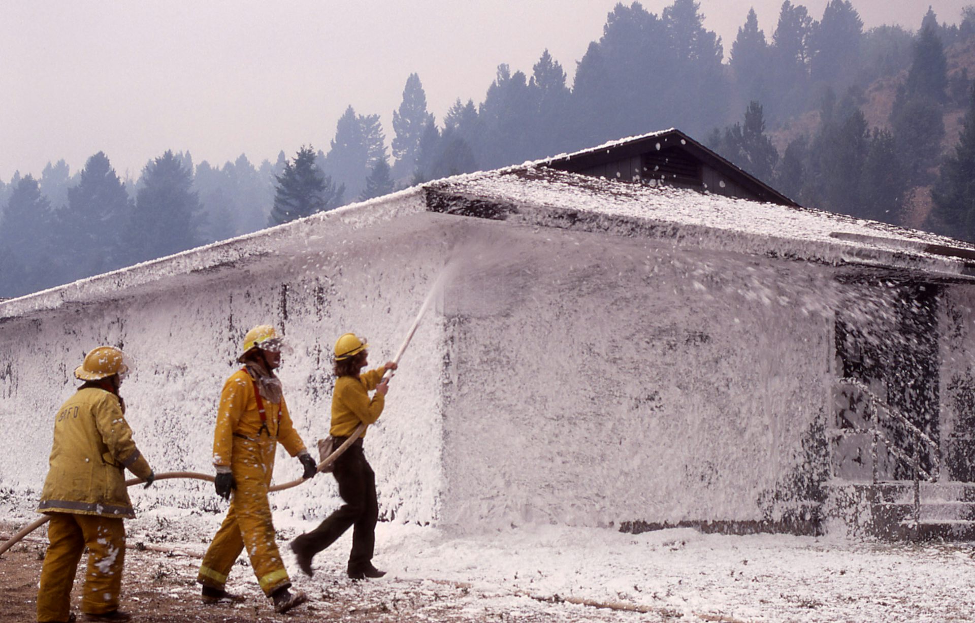 Three firefighting spraying foam against a foam-covered building, the outline of a forest and hazy skies in the background