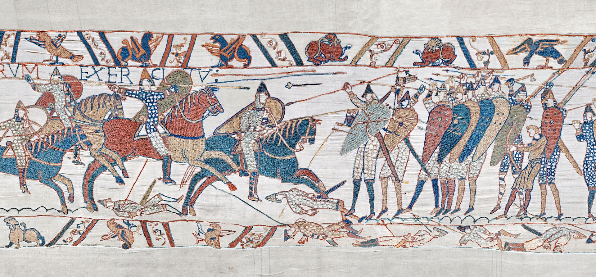 Norman cavalry attack Anglo-Saxon foot soldiers during the Battle of Hastings, as depicted on the Bayeux tapestry.