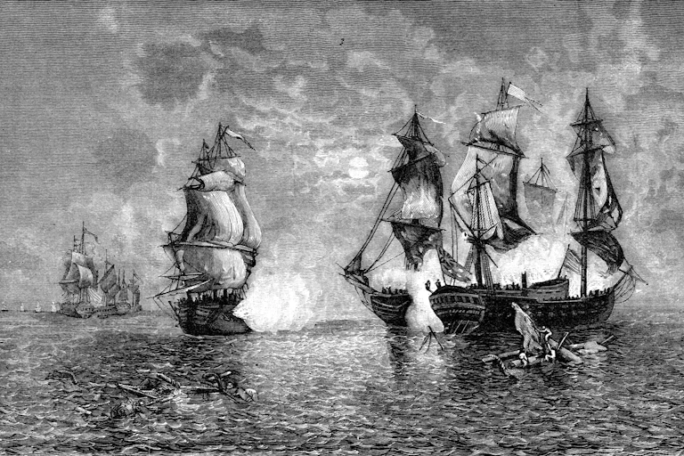 Black-and-white illustration of two ships engaged in battle at sea