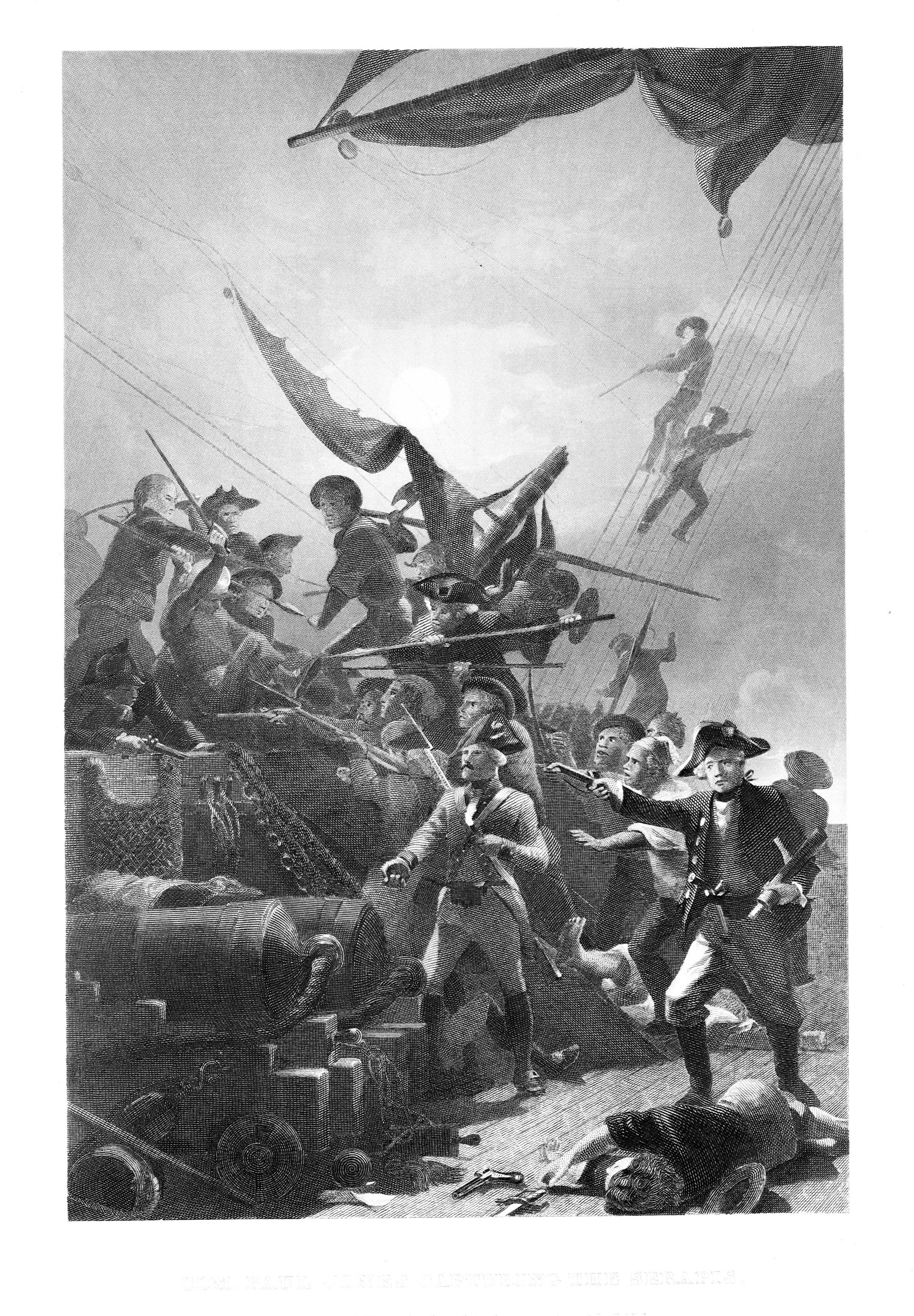 A black-and-white image shows John Paul Jones standing in the midst of a battle on a ship