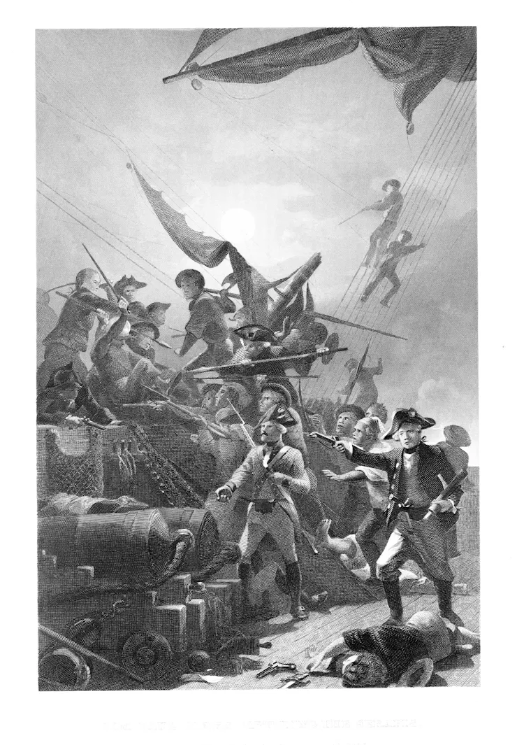 A black-and-white image shows John Paul Jones standing in the midst of a battle on a ship