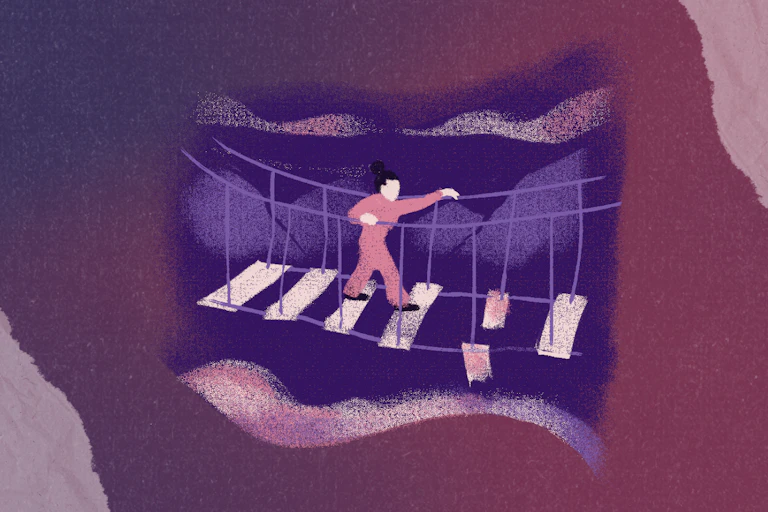 Sketched figure crossing a rickety suspension bridge