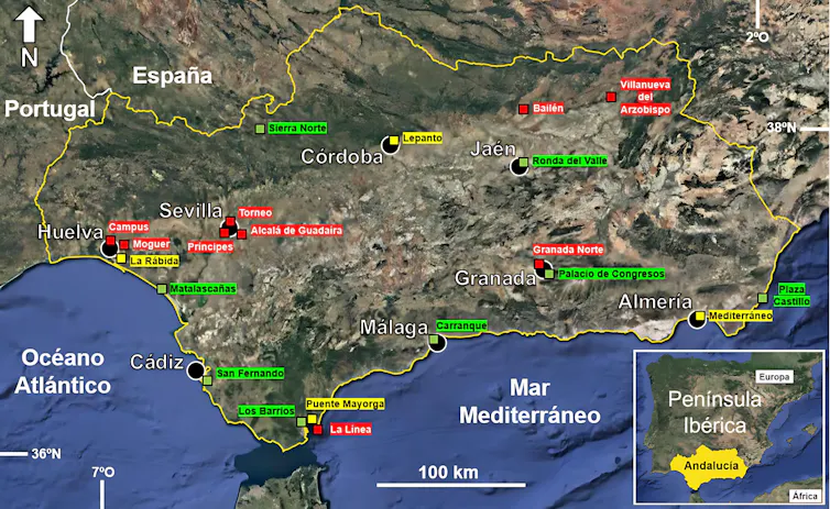 Mapa con la localización de las ocho capitales de provincia de Andalucía y de las 21 estaciones de medición