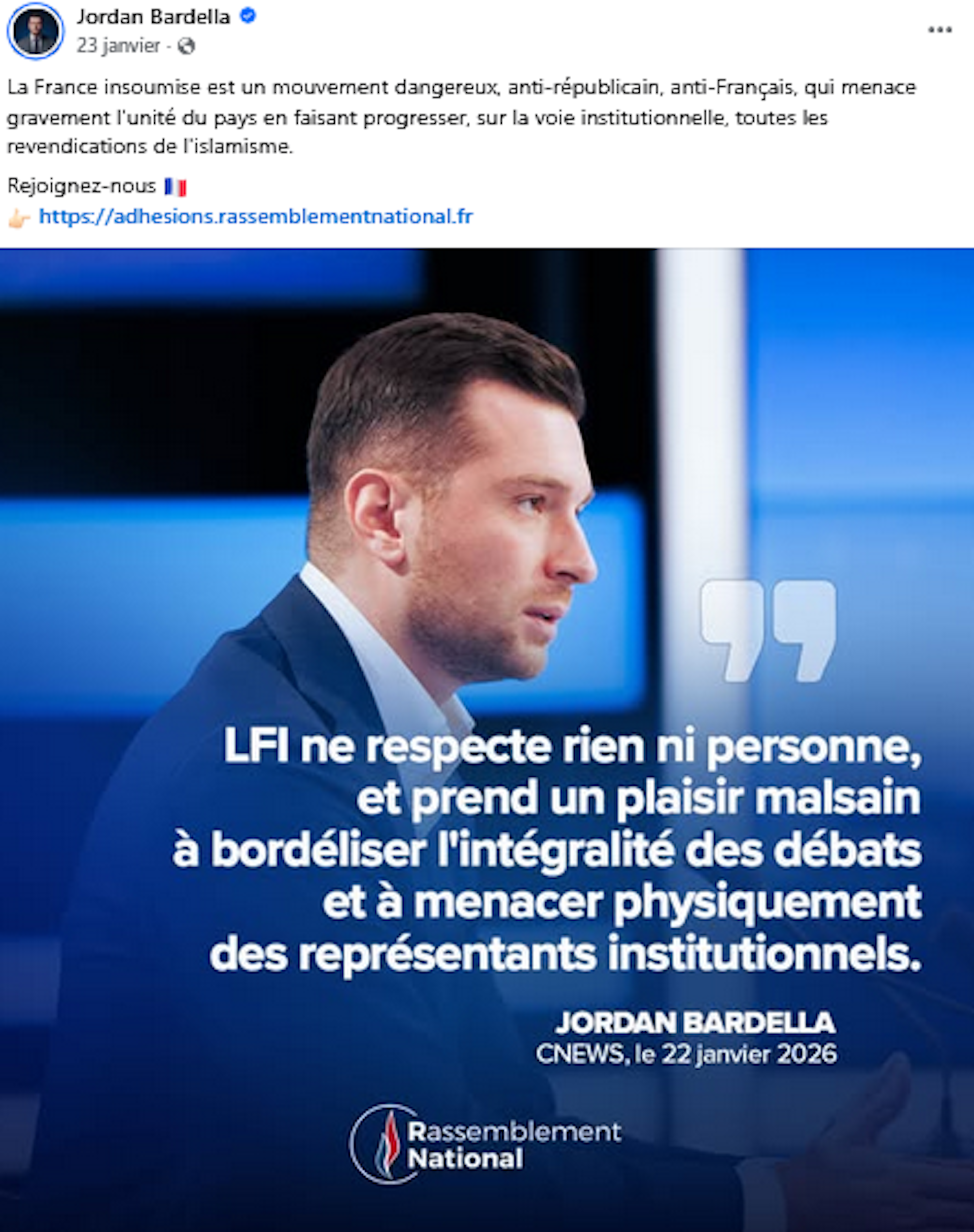 Bardella s’érige contre la menace de « bordélisation » de l’extrême gauche -- 23 janvier 2026