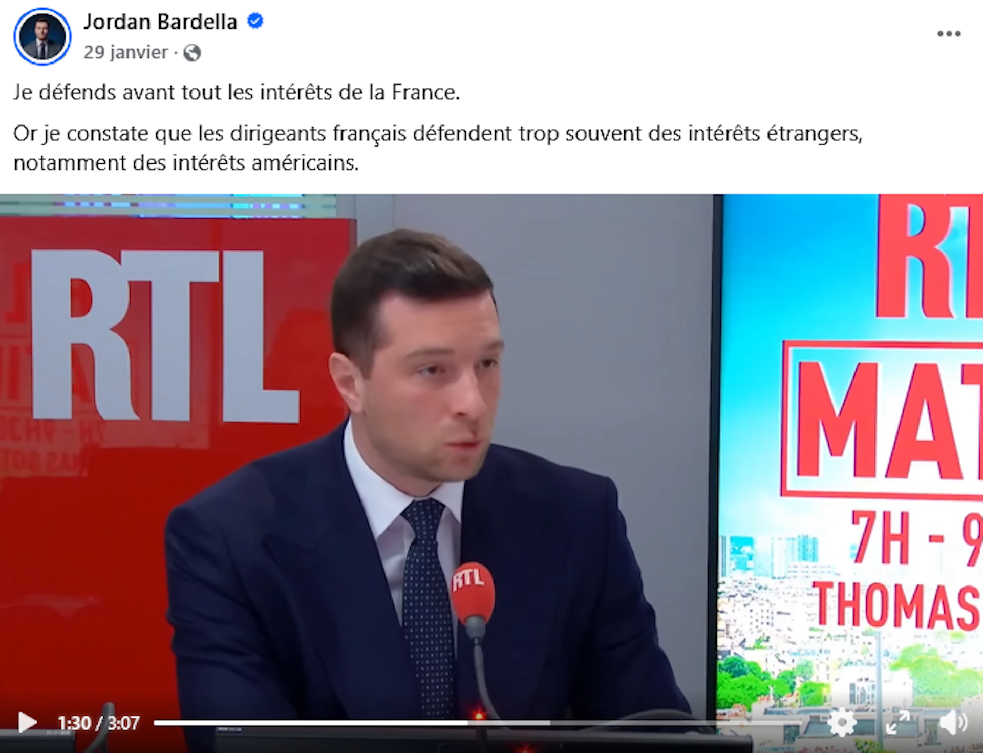 Bardella parle de la « vassalisation » du gouvernement français actuel -- 29 janvier 2026