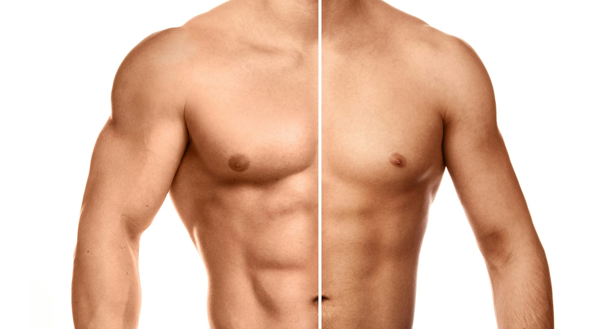 A body transformation photo, depicting a muscular man's body on the left, with a less muscular body on the right.