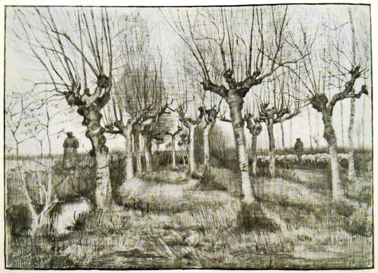 Trognes de bouleaux et bergers, par Vincent van Gogh (1885)