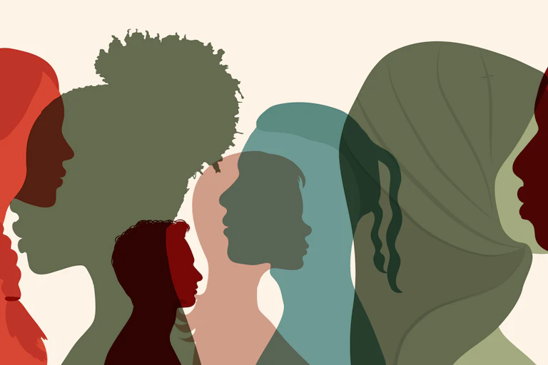 Group side silhouette men and women of different cultures and races.